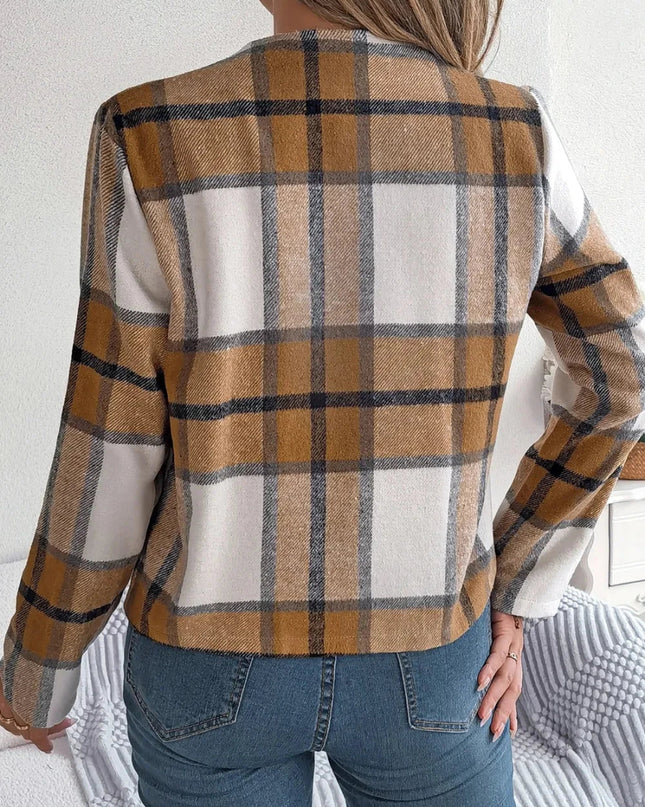 Plaid Open Front Long Sleeve Jacket - Trendsi