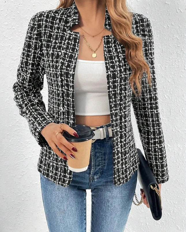 Plaid Open Front Long Sleeve Jacket - Trendsi