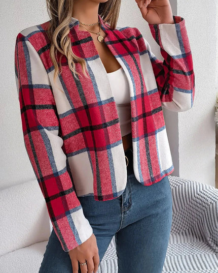 Plaid Open Front Long Sleeve Jacket - Trendsi