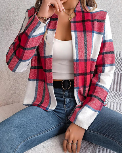 Plaid Open Front Long Sleeve Jacket - Trendsi