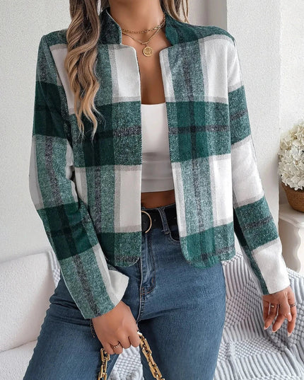 Plaid Open Front Long Sleeve Jacket - Trendsi