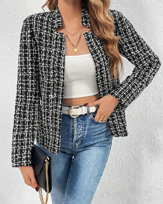 Plaid Open Front Long Sleeve Jacket - Trendsi