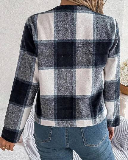 Plaid Open Front Long Sleeve Jacket - Trendsi