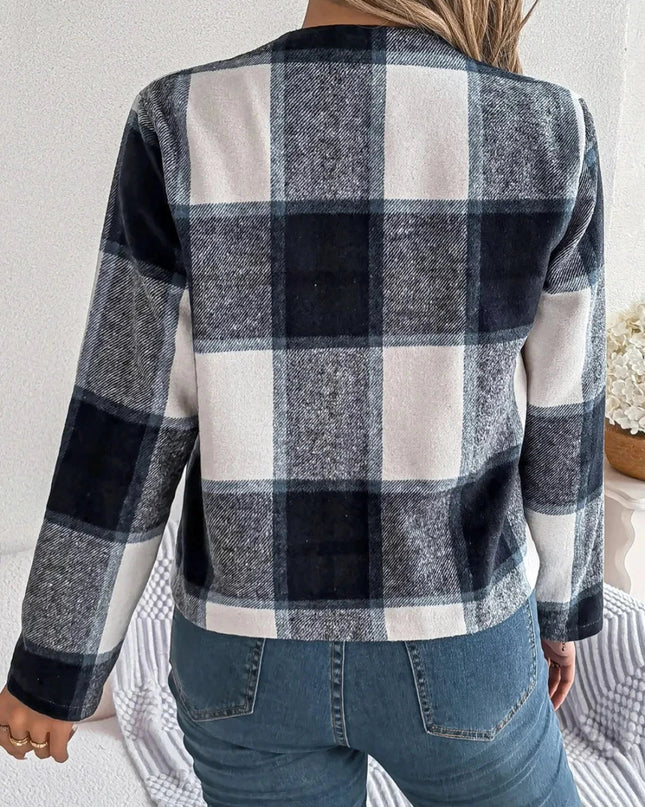 Plaid Open Front Long Sleeve Jacket - Trendsi