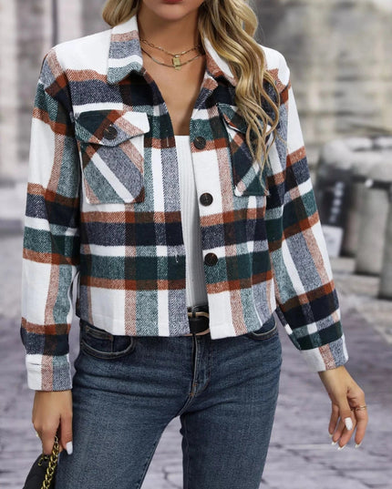 Plaid Oversized Button - Up Cropped Jacket - Trendsi