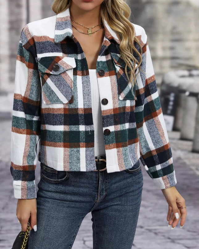 Plaid Oversized Button - Up Cropped Jacket - Trendsi