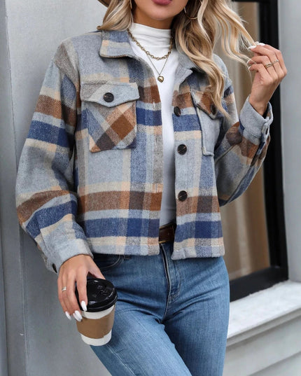 Plaid Oversized Button - Up Cropped Jacket - Trendsi