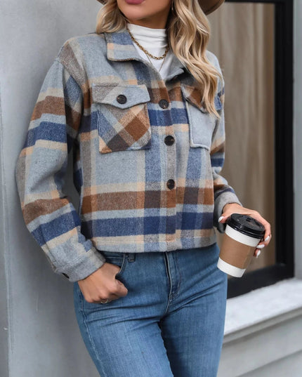 Plaid Oversized Button - Up Cropped Jacket - Trendsi