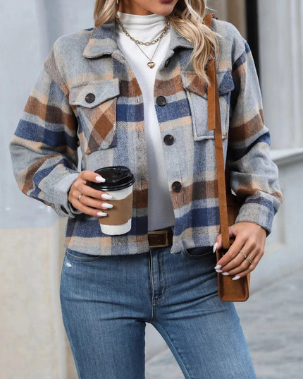 Plaid Oversized Button - Up Cropped Jacket - Trendsi