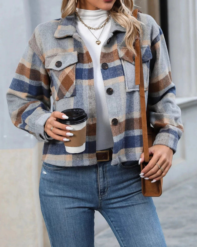 Plaid Oversized Button - Up Cropped Jacket - Trendsi