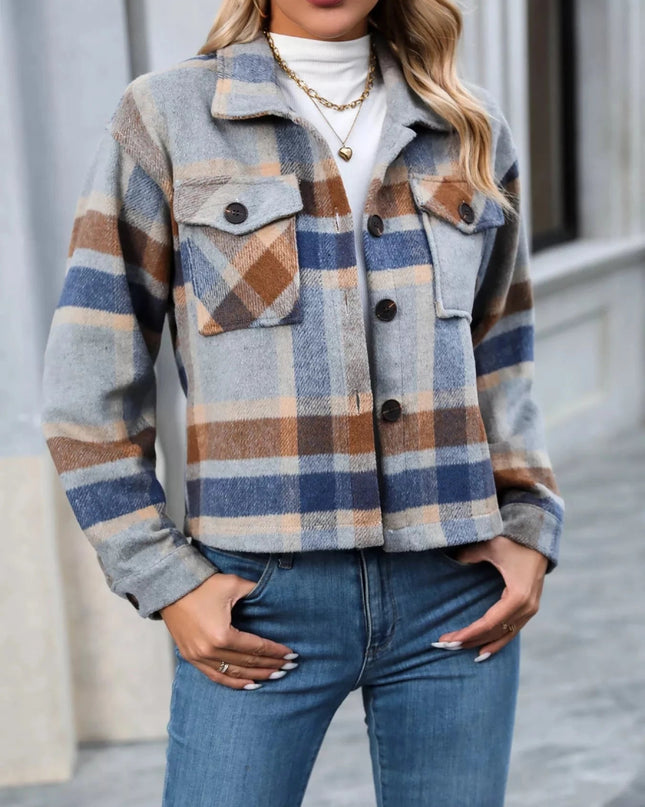Plaid Oversized Button - Up Cropped Jacket - Trendsi