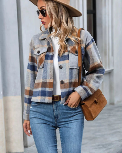 Plaid Oversized Button - Up Cropped Jacket - Trendsi