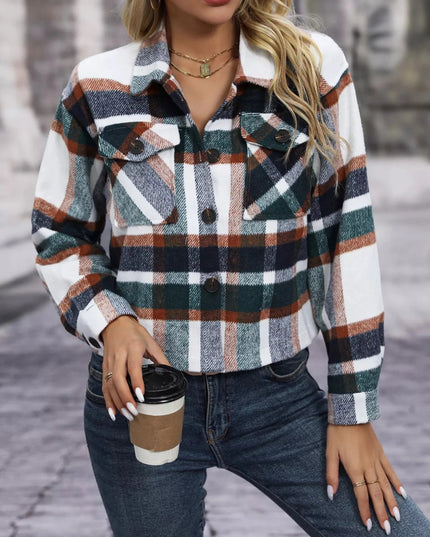 Plaid Oversized Button - Up Cropped Jacket - Trendsi