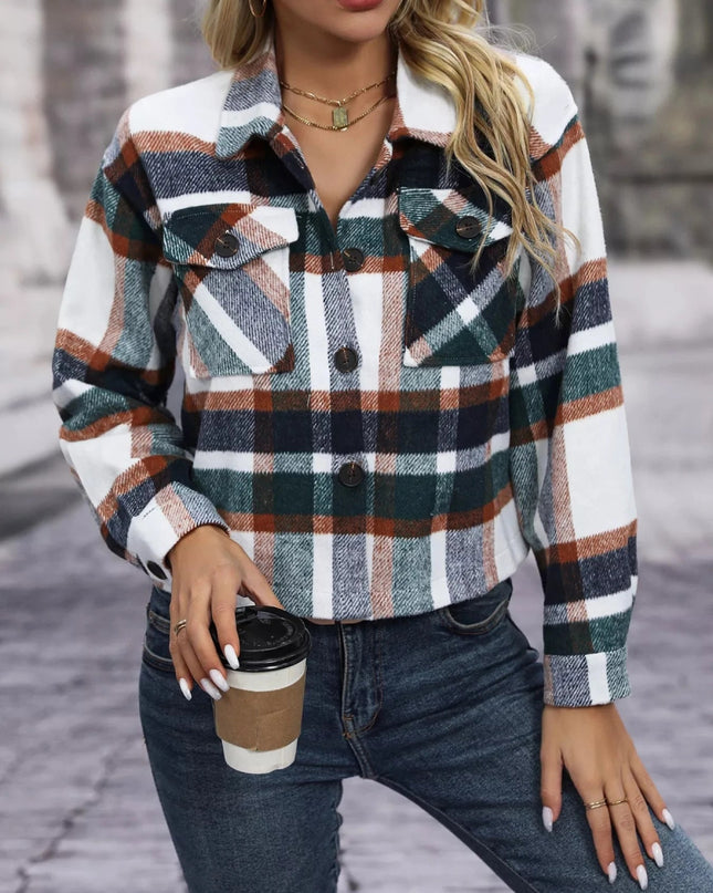 Plaid Oversized Button - Up Cropped Jacket - Trendsi