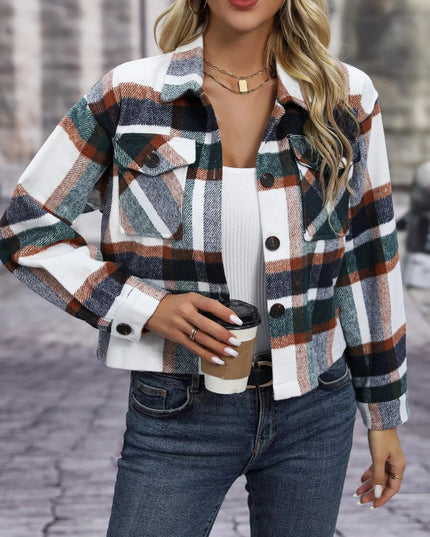 Plaid Oversized Button - Up Cropped Jacket - Trendsi