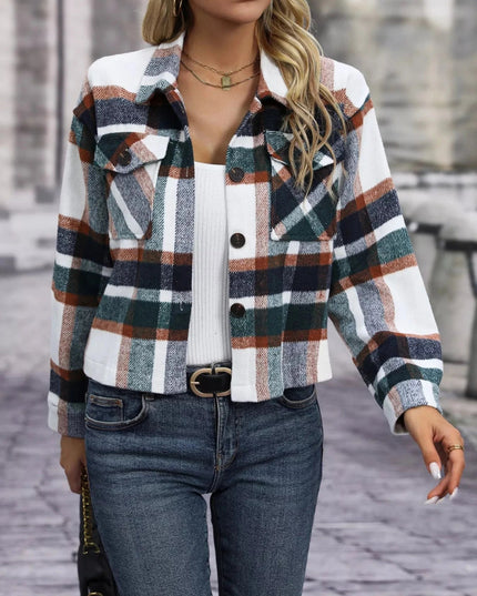 Plaid Oversized Button - Up Cropped Jacket - Trendsi