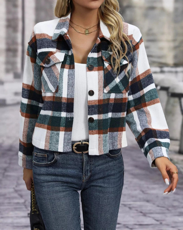 Plaid Oversized Button - Up Cropped Jacket - Trendsi