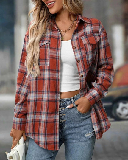 Plaid Oversized Shirt with Button - Down Design - Trendsi