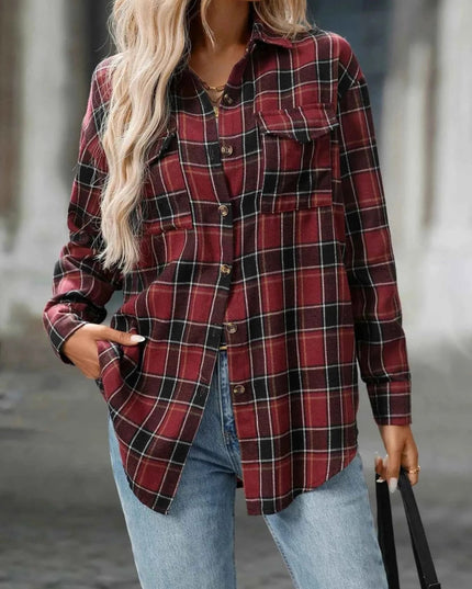 Plaid Oversized Shirt with Button - Down Design - Trendsi