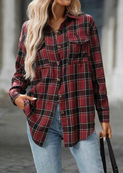 Plaid Oversized Shirt with Button - Down Design - Trendsi