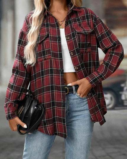 Plaid Oversized Shirt with Button - Down Design - Trendsi