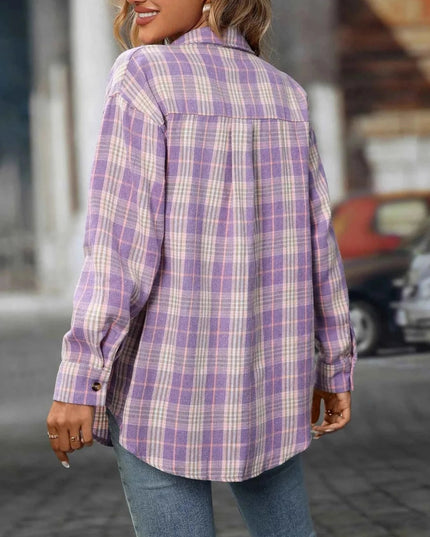 Plaid Oversized Shirt with Button - Down Design - Trendsi