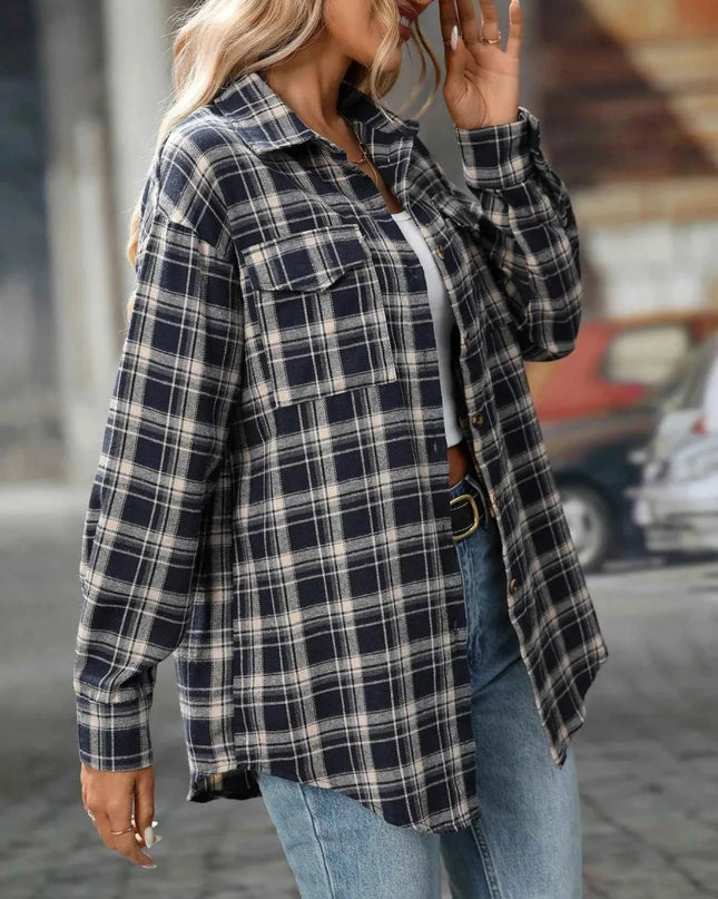 Plaid Oversized Shirt with Button - Down Design - Trendsi