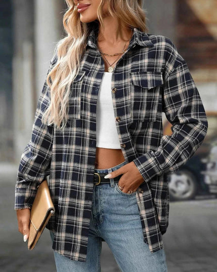Plaid Oversized Shirt with Button - Down Design - Trendsi