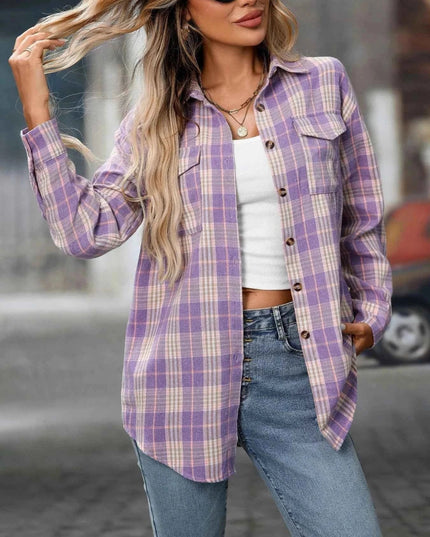 Plaid Oversized Shirt with Button - Down Design - Trendsi