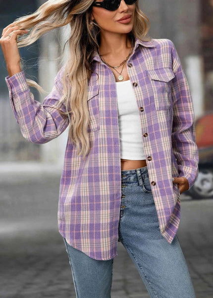 Plaid Oversized Shirt with Button - Down Design - Trendsi
