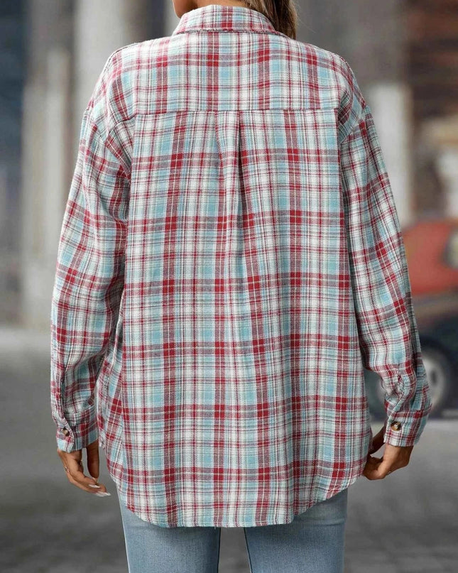 Plaid Oversized Shirt with Button - Down Design - Trendsi