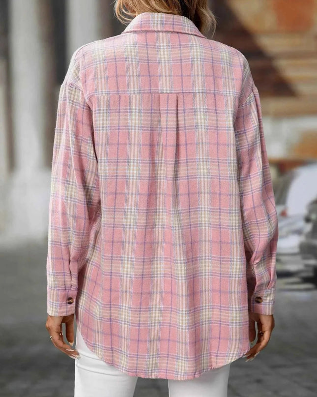 Plaid Oversized Shirt with Button - Down Design - Trendsi