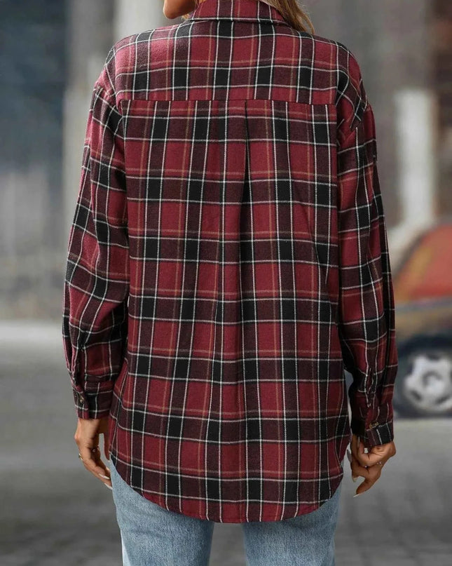 Plaid Oversized Shirt with Button - Down Design - Trendsi