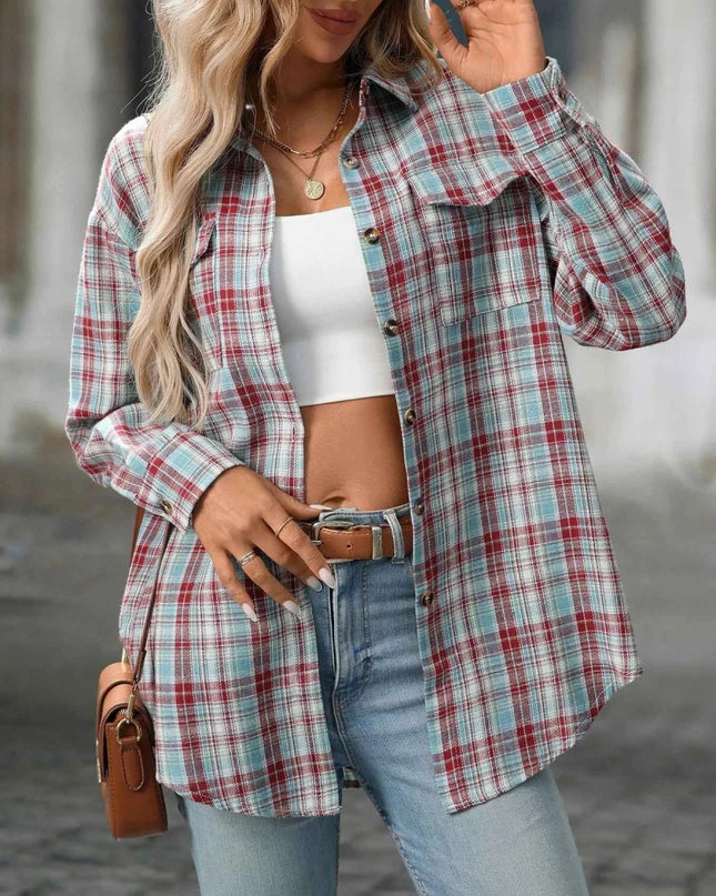 Plaid Oversized Shirt with Button - Down Design - Trendsi