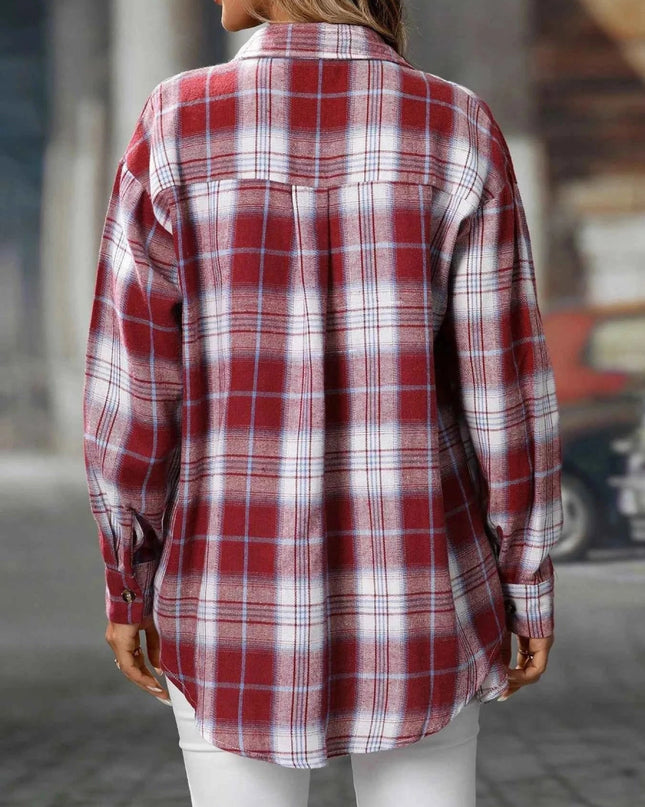Plaid Oversized Shirt with Button - Down Design - Trendsi