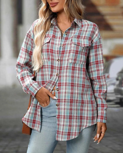 Plaid Oversized Shirt with Button - Down Design - Trendsi