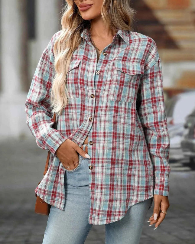 Plaid Oversized Shirt with Button - Down Design - Trendsi