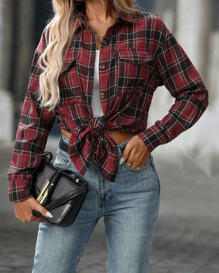 Plaid Oversized Shirt with Button - Down Design - Trendsi
