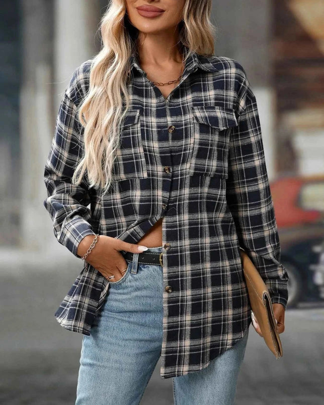 Plaid Oversized Shirt with Button - Down Design - Trendsi