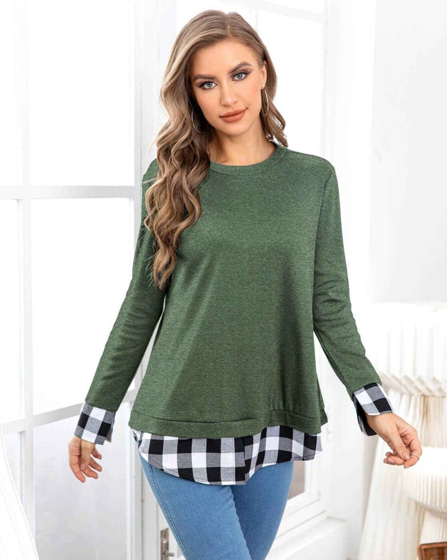 Plaid Round Neck Long Sleeve Tee - Trendsi