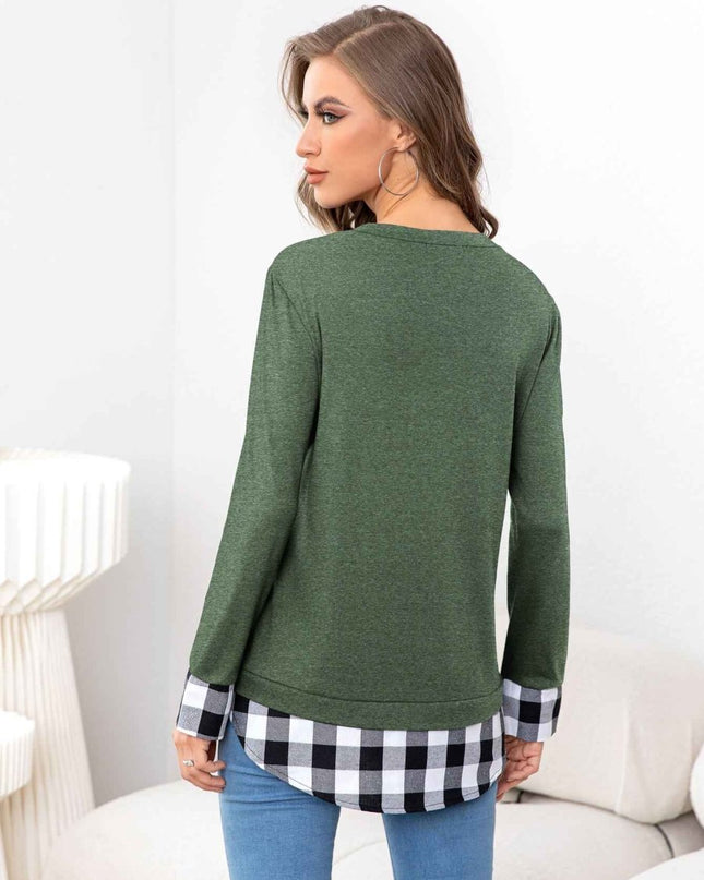 Plaid Round Neck Long Sleeve Tee - Trendsi
