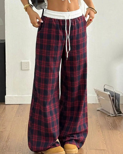 Plaid Wide - Leg Pants with Elastic Waistband - Trendsi