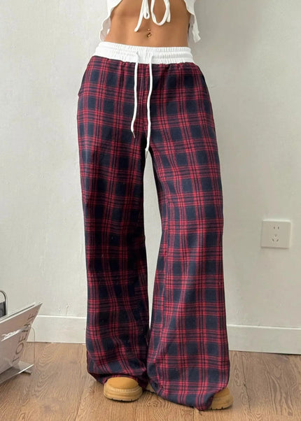 Plaid Wide - Leg Pants with Elastic Waistband - Trendsi