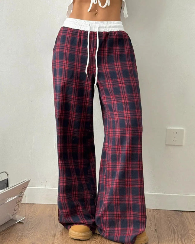 Plaid Wide - Leg Pants with Elastic Waistband - Trendsi
