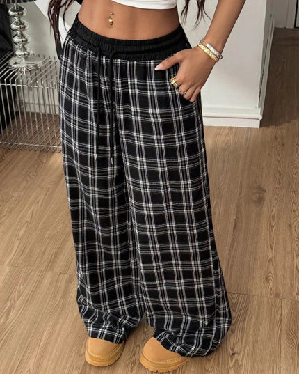 Plaid Wide - Leg Pants with Elastic Waistband - Trendsi