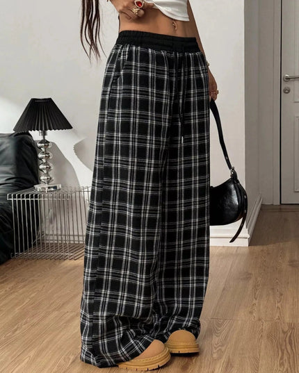 Plaid Wide - Leg Pants with Elastic Waistband - Trendsi