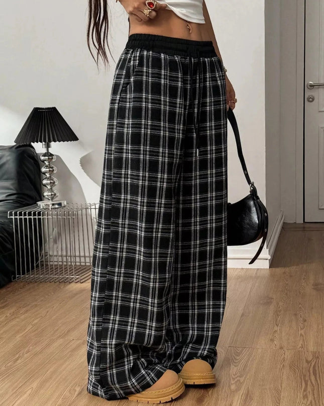 Plaid Wide - Leg Pants with Elastic Waistband - Trendsi