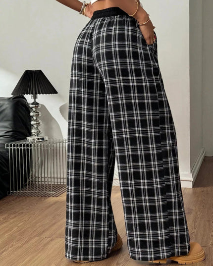 Plaid Wide - Leg Pants with Elastic Waistband - Trendsi