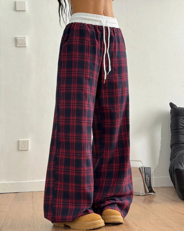 Plaid Wide - Leg Pants with Elastic Waistband - Trendsi
