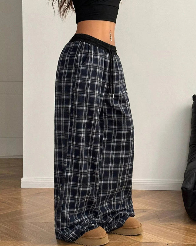 Plaid Wide - Leg Pants with Elastic Waistband - Trendsi